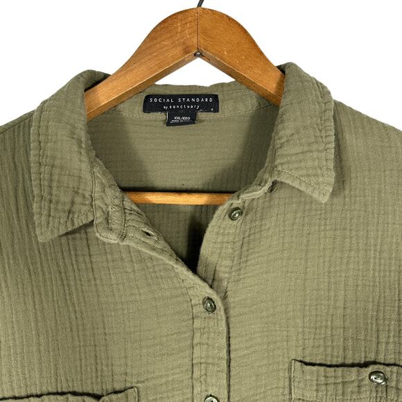 Social Standard by Sanctuary Olive Green Gauze Button Shirt Women’s XXL - Picture 8 of 11